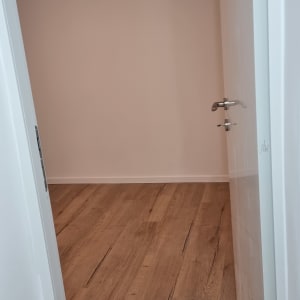 רצפת עץ חדשה ודלת לבנה בחדר משופץ