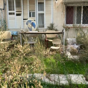 עשבים גבוהים צומחים בגינה מוזנחת עם כיסאות ושולחן.