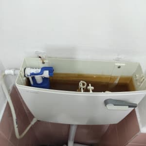 מיכל הדחה פתוח עם מנגנון פנימי גלוי