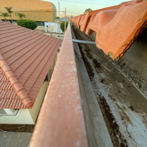 מרזב גג עם רעפים אדומים ולכלוך