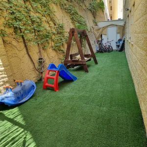 דשא סינתטי עם צמחים מטפסים על קיר