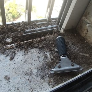 כלי ניקוי על אדן חלון מלוכלך בעפר