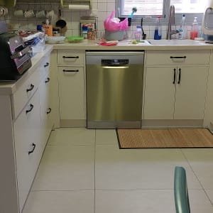 מטבח עם מדיח כלים, כיור וחומרי ניקוי