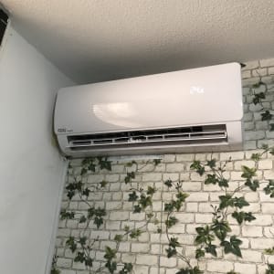 מזגן מותקן על קיר עם טפט לבנים ועלים