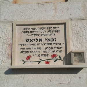 מצבה עם כיתוב בעברית ופרחים אדומים