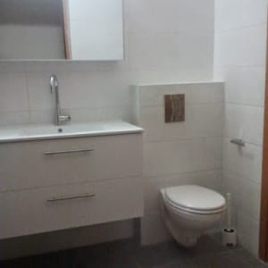 חדר אמבטיה משופץ עם כיור ואסלה מותקנים