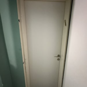 דלת לבנה עם ידית מתכת כסופה