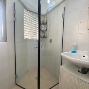 מקלחון זכוכית עם מדף מוצרים וסבון נוזלי