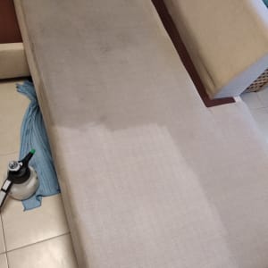 ספה עם כתמים, מכשיר ניקוי ובד כחול