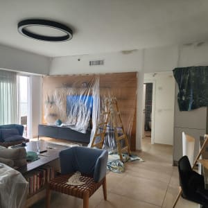 סולם וחיפוי פלסטיק על קיר לצביעת חדר