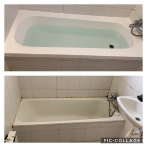 Two images of a bathtub, one clean and one dirty, showing before and after cleaning.