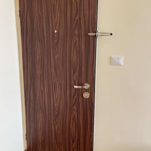 דלת עץ עם ידית מתכת ובריח עליון