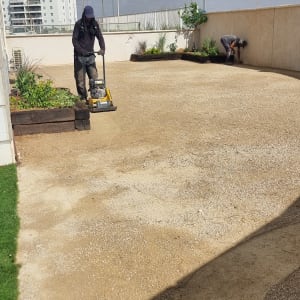 עובד גינון עם מכבש על אדמה בחצר