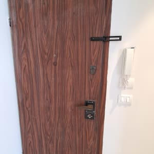 דלת עץ עם ציפוי דמוי עץ ומנעול בריח