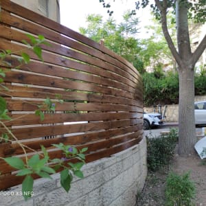 גדר עץ חומה מעוגלת ליד עץ ושיחים