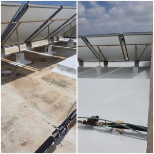 Two images showing a rooftop before and after sealing work, with solar panels and pipes visible.