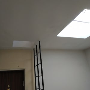 סולם צמוד לקיר לבן עם חלון תקרה