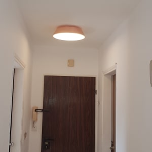 מנורה עגולה מותקנת בתקרה מעל דלת עץ