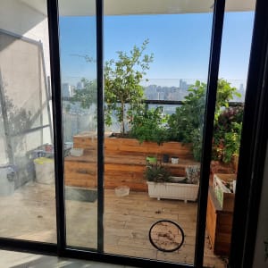 דלת זכוכית שקופה עם נוף לגינה חיצונית