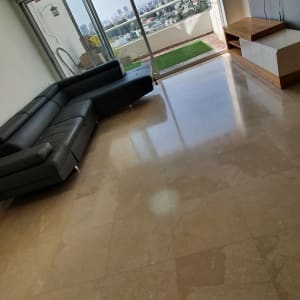 רצפה מבריקה ונקייה בסלון עם ספה