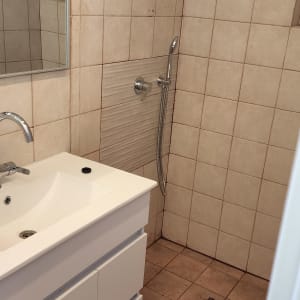 כיור עם ברז ומקלחת עם ראש מקלחת