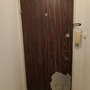 דלת עץ עם ציפוי מתקלף בחלק התחתון