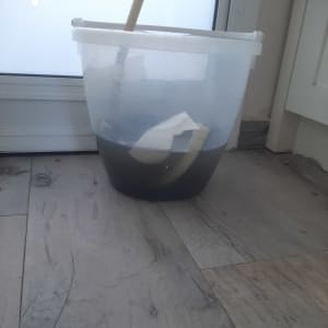 דלי עם צינור מחובר למזגן על רצפה