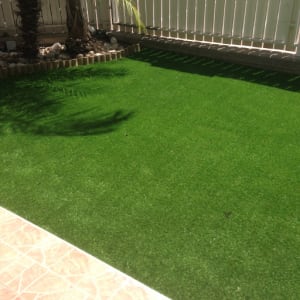 דשא סינתטי עם עצי דקל ואבנים מסביב