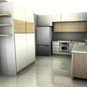 מטבח עם ארונות עץ ומדפים פתוחים