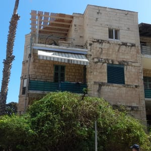 אדם גוזם שיחים עם סולם ליד בניין