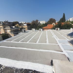 גג אטום עם פסי איטום לבנים ואיש עבודה