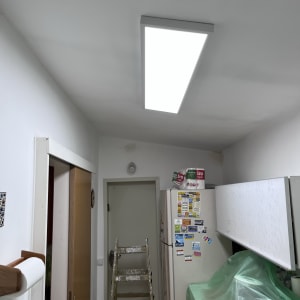 סולם צבוע בצבע לבן ליד מקרר מכוסה בניילון ירוק