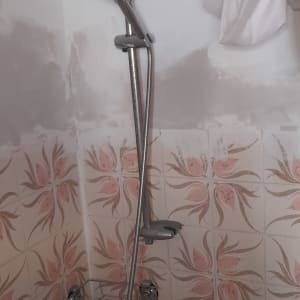 קיר מקלחת עם אריחים ודוגמת פרחים, אזור צבוע חלקית