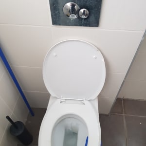 אסלה עם מכסה פתוח ולחצן הדחה על הקיר