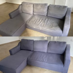 ספה לפני ואחרי ניקוי עם כתמים וניקוי מלא.