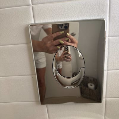 לחצן הדחה בשירותים עם השתקפות של אדם