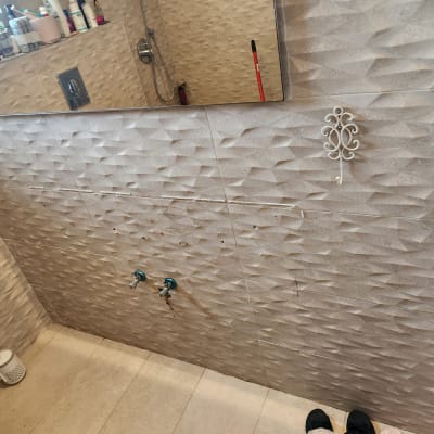 קיר עם אריחים, ברזים חשופים, מברשת אדומה