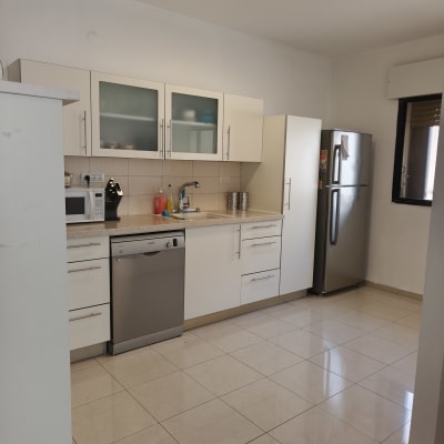 מטבח מודרני עם ארונות, מקרר ומדיח כלים