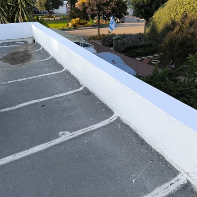 גג אטום עם קווים לבנים, עצים ודגל ישראל ברקע