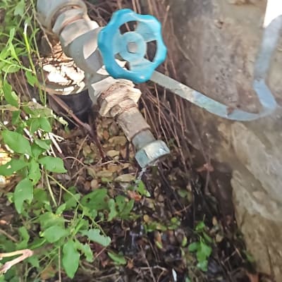 ברז מים עם ידית כחולה ודליפה קלה