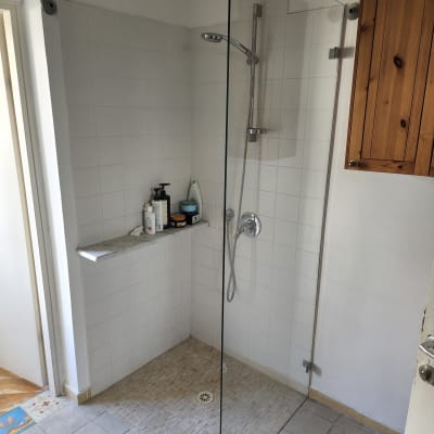 מקלחת עם דלת זכוכית, ראש מקלחת ומוצרי טיפוח