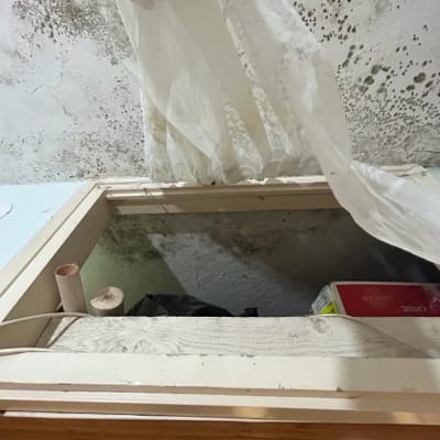 תקרה עם כתמי עובש ורטיבות, וילון לבן נמשך הצידה