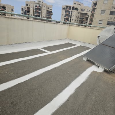 גג עם קווים לבנים לאיטום, בניינים ברקע