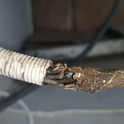 כבל חשמל פגום עם בידוד קרוע וחוטים חשופים