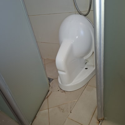 אסלה בחדר שירותים עם דלתות זכוכית