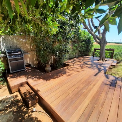 דק עץ עם גריל גז ועץ גדול