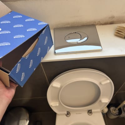 אסלה עם מכסה פתוח ואריזת מוצר גרואה