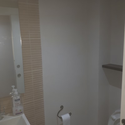 קיר צבוע בצבע אפור בהיר בחדר אמבטיה