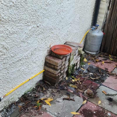 צינור גז צהוב מחובר לבלון גז בפינת חצר