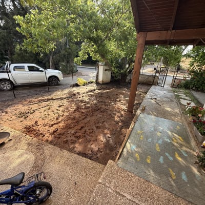 אדמה לחה עם עציצים ופרחים ליד שביל